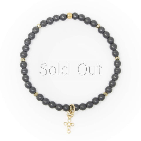 Hematite Matte with Gold Bracelet, Gold Cross Charm with Clear Zirconia