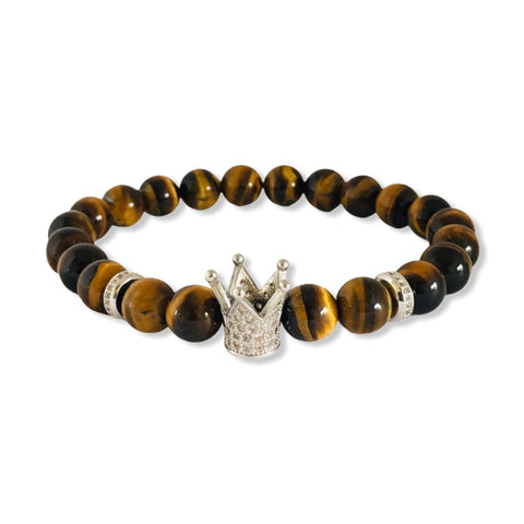 Polished Tigers Eye Stone Bracelet with Silver Crown and Clear Zirconia