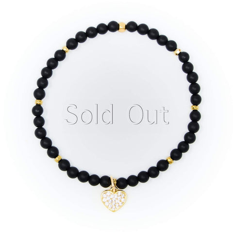 Onyx Matte with Gold Bracelet, Gold Heart Charm with Clear Zirconia