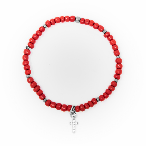 Red Sand Beads with Silver Bracelet, Silver Cross Charm with Clear Zirconia