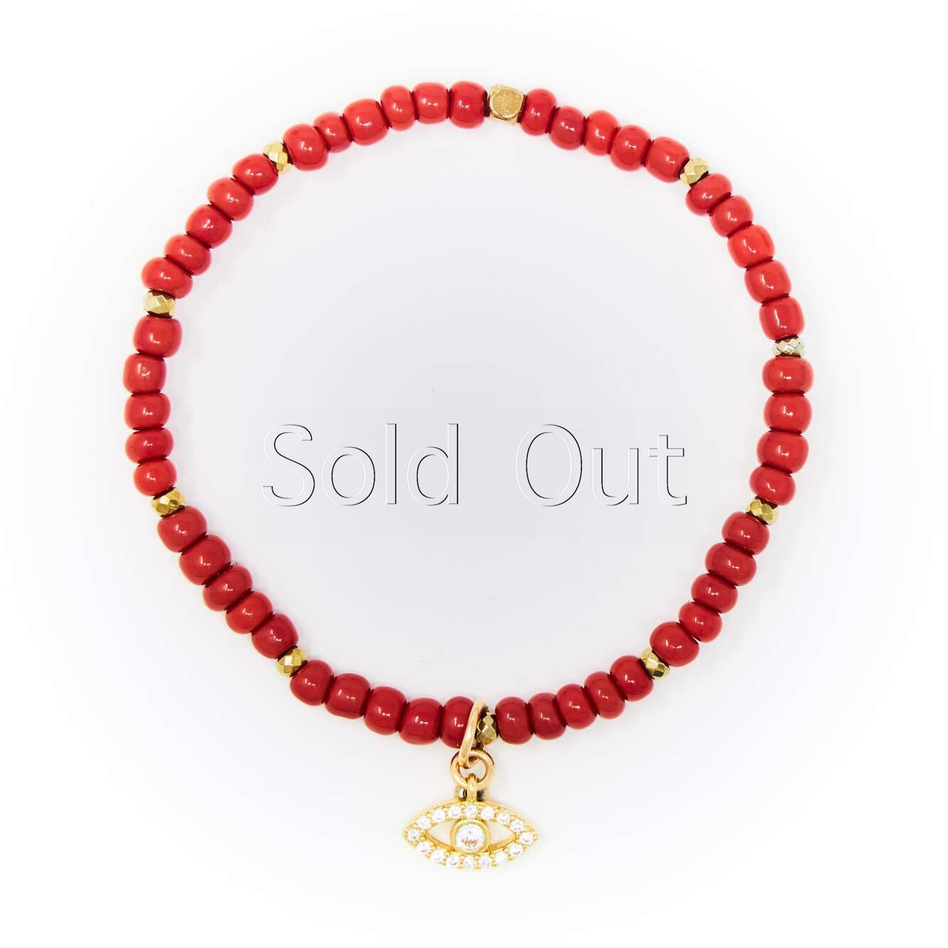 Red Sand Beads with Gold Bracelet, Gold Evil Eye Charm with Clear Zirconia