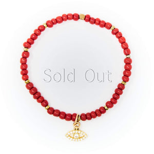 Red Sand Beads with Gold Bracelet, Gold Evil Eye Charm with Clear Zirconia