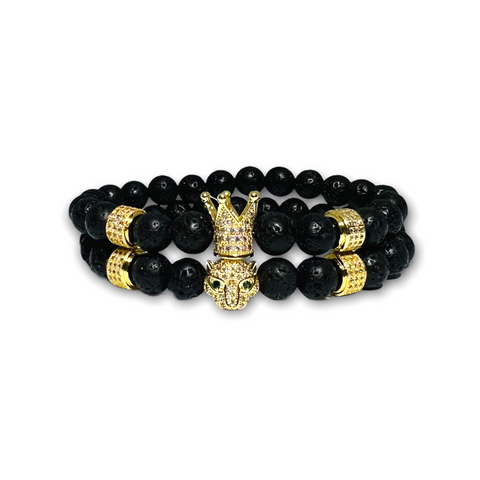 Volcanic Lava Stone Set of Two Bracelets Gold Crown/Leopard, Clear Zirconia