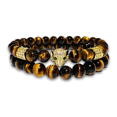 Polished Tigers Eye Stone Set of two Bracelets, Gold Leopard with Clear Zirconia / Plain
