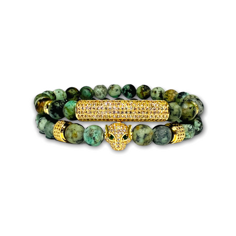 African Turquoise Stone Set of Two Bracelets, Gold Leopard/Design with Clear Zirconia