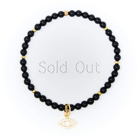Onyx Polished with Gold Bracelet, Gold Evil Eye Charm with Clear Zirconia