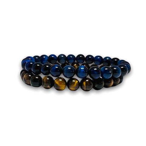 Blue Tiger Eye / Tiger Eye Stone Set of Two Plain Bracelets