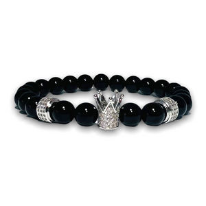Black Polished Onyx Stone Bracelet, Silver Crown with Clear Zirconia