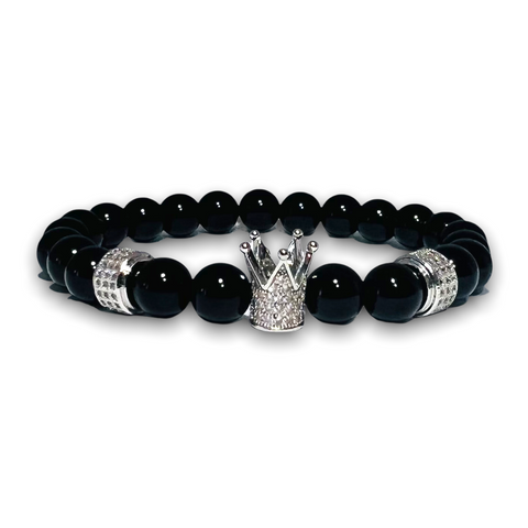 Black Polished Onyx Stone Bracelet, Silver Crown with Clear Zirconia