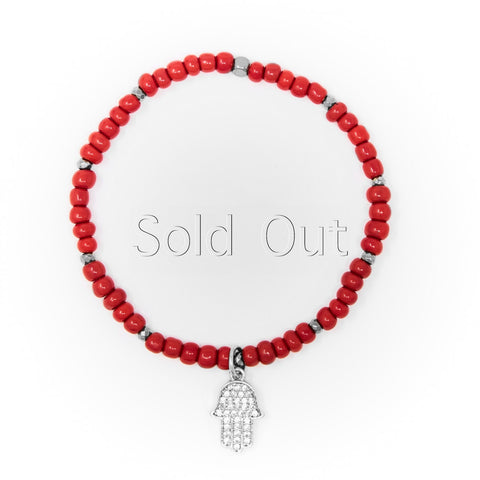 Red Sand Beads with Silver Bracelet, Silver Hamsa Charm with Clear Zirconia