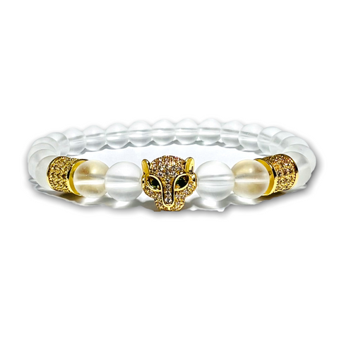 Clear Quartz Stone Bracelet, Gold Leopard with Clear Zirconia