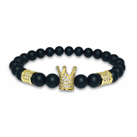 Matte Onyx Stone Bracelet, Gold Crown/Clear Zirconia