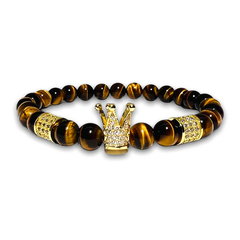 Polished Tigers Eye Stone Bracelet, Gold Crown with Clea Zirconia