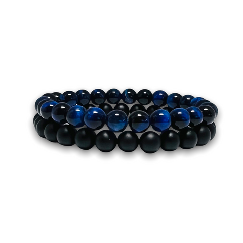 Blue Tiger Eye / Matte Onyx Stone Set of Two Plain Bracelets