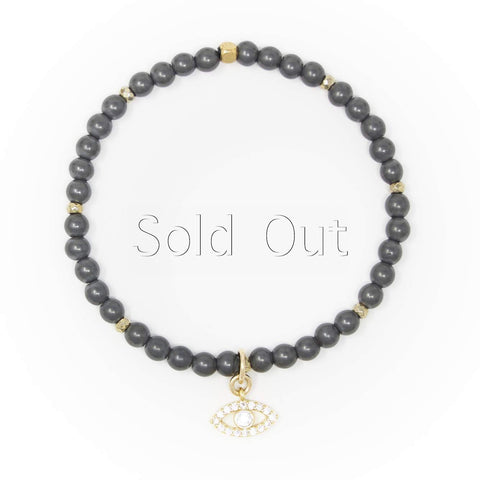 Hematite Matte with Gold Bracelet, Gold Evil Eye Charm with Clear Zirconia