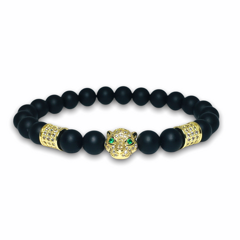 Black Matte Onyx Stone Bracelet with Gold Leopard, Clear Zirconia