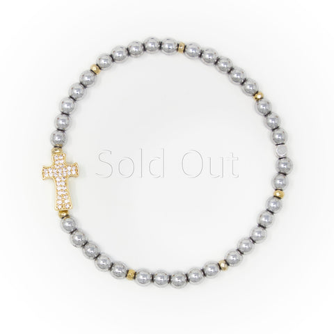 Hematite Polished with Gold Bracelet, Gold Cross Charm with Clear Zirconia