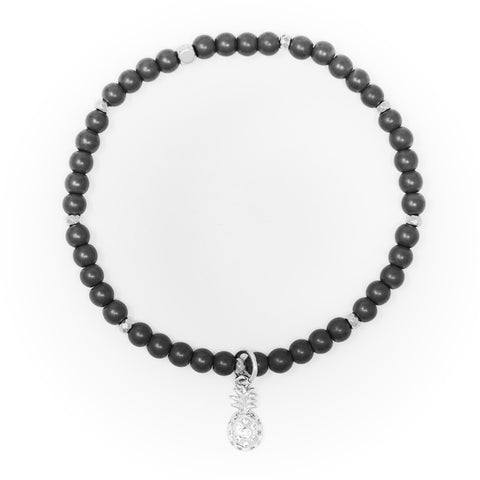 Hematite Matte with Silver Bracelet, Silver Pineapple Charm with Clear Zirconia