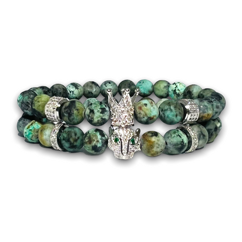 African Turquoise Stone Set of Two Bracelets, Silver Crown / Leopard with Clear Zirconia
