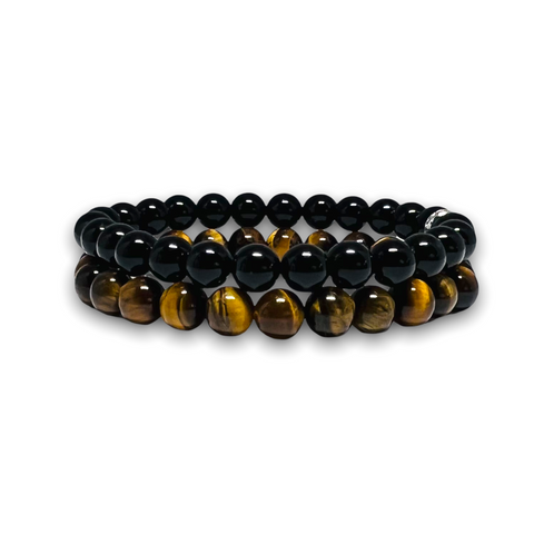 Polished Onyx / Tiger Eye Stone Set of Two Plain Bracelets