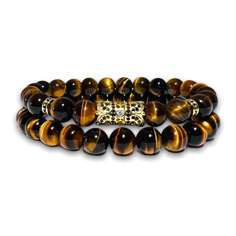 Polished Tigers Eye Stone Set of two Bracelets, Gold Design with Black Zirconia / Plain