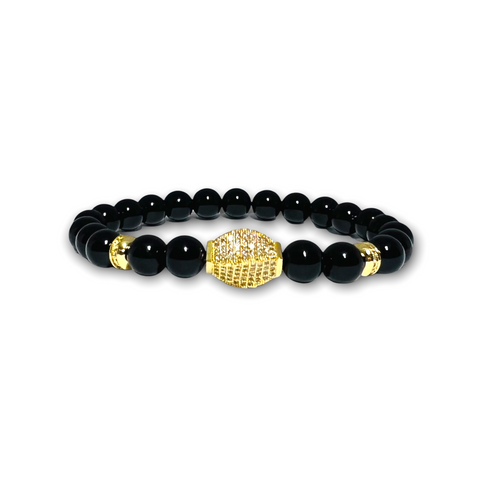 Black Polished Onyx Stone Bracelet with Gold Design and Clear Zirconia