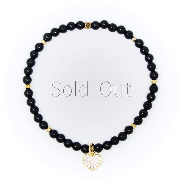 Onyx Polished with Gold Bracelet, Gold Heart Charm with Clear Zirconia