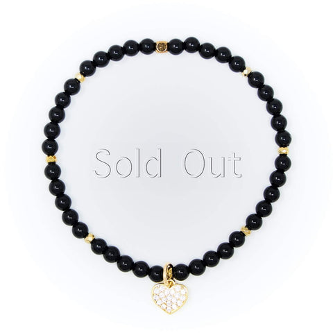 Onyx Polished with Gold Bracelet, Gold Heart Charm with Clear Zirconia