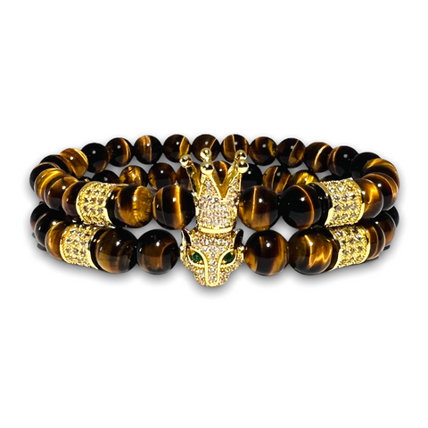 Polished Tigers Eye Stone Set of two Bracelets, Gold Crown with Clear Zirconia / Leopard