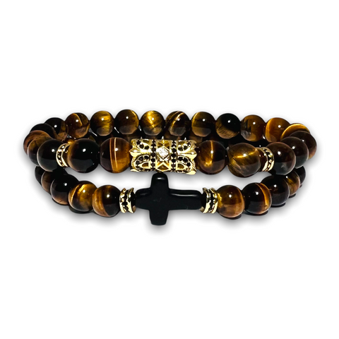 Polished Tigers Eye Stone Set of two Bracelets, Gold Design with Black Cross