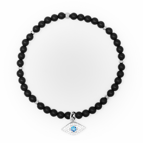 Onyx Matte with Silver Bracelet, Silver Evil Eye Charm with Clear and Blue Zirconia