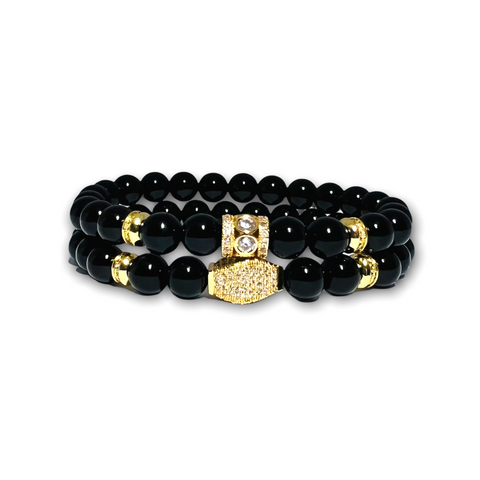 Black Polished Onyx Stone Set of Two Bracelets with Gold Designs, Clear Zirconia