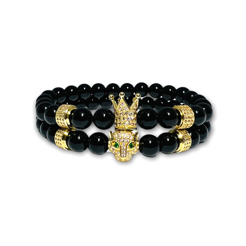 Black Polished Onyx Stone Set of Two Bracelets with Gold Crown/Leopard Clear Zirconia