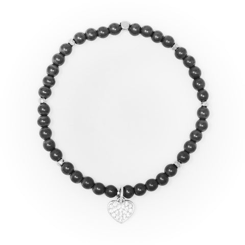 Hematite Matte with Silver Bracelet, Silver Heart Charm with Clear Zirconia