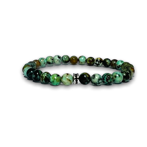 African Turquoise Stone Bracelet, Plain Silver with Black Zirconia