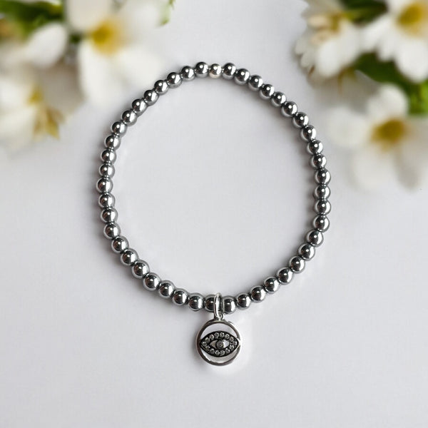 Round Evil Eye Charm 4mm Hematite Stones Bracelet