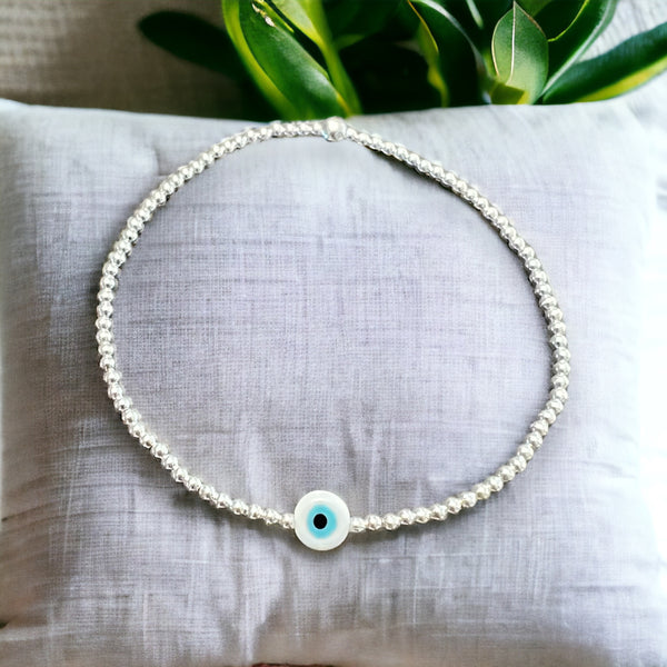 Classic White Evil Eye Charm Sterling Silver 2mm Bead Bracelet