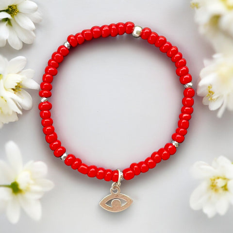 Silver Evil Eye Charm 4mm Red Glass Beads Bracelet