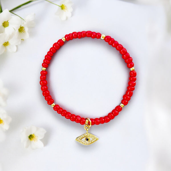 The Evil Eye Charm 4mm Red Glass Beads Bracelet