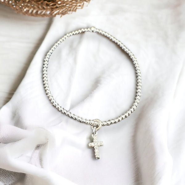 Mini Cross Charm Sterling Silver 2mm Bead Bracelet