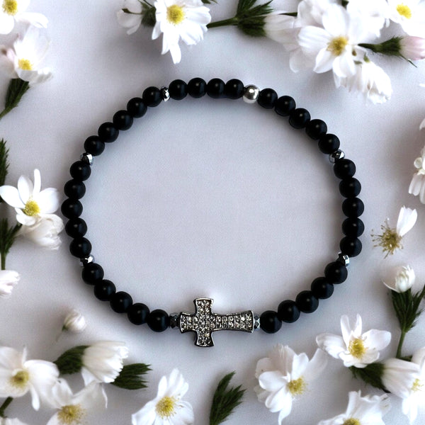 Long Cross 4mm Onyx Matte Stone Bracelet