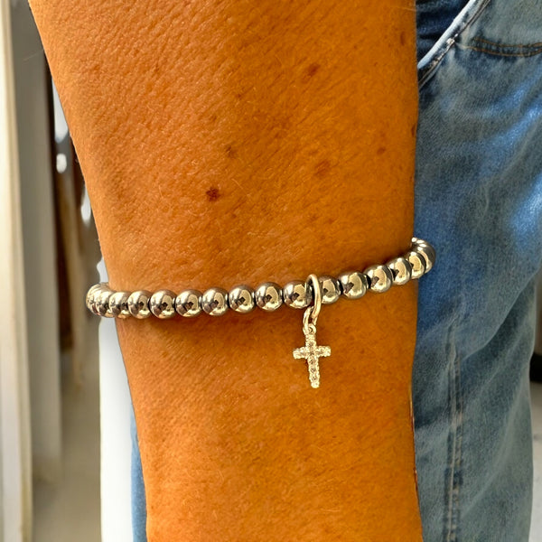 Cubic Zirconias Cross Charm 4mm Hematite Stones Bracelet