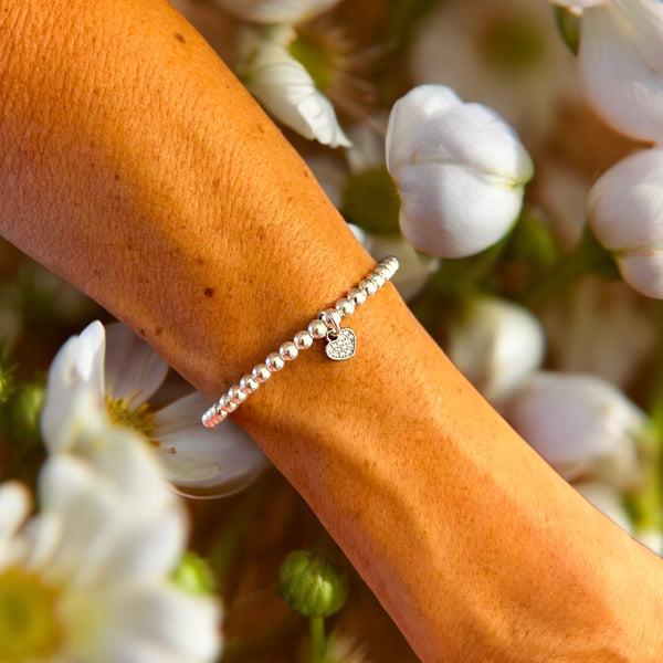 Mini Heart Charm Sterling Silver 4mm Beads Bracelet