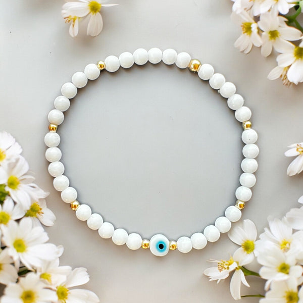 Classic White Evil Eye White Quartz 4mm Stone Bracelet