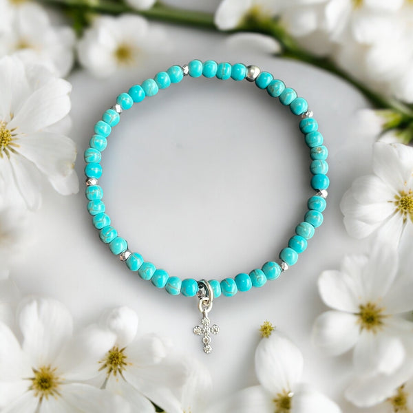 Mini Cross Charm 4mm Turquoise Stones Bracelet