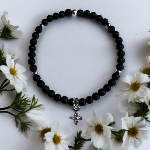 Flower Charm 4mm Onyx Matte Stone Bracelet