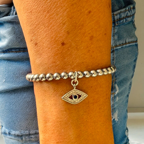 Evil Eye Charm 4mm Hematite Stones Bracelet