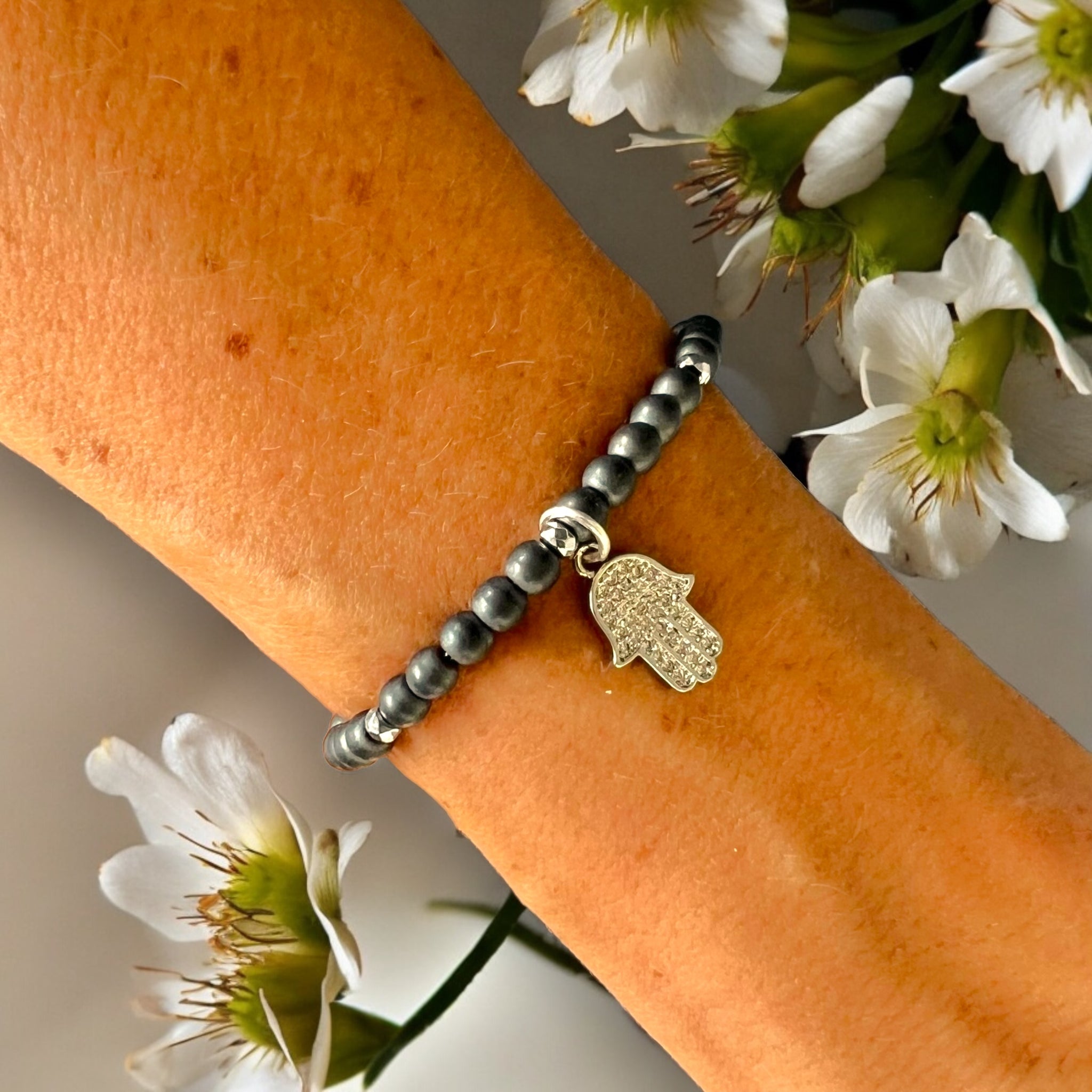 Hamsa Charm 4mm Hematite Matte Stone Bracelet