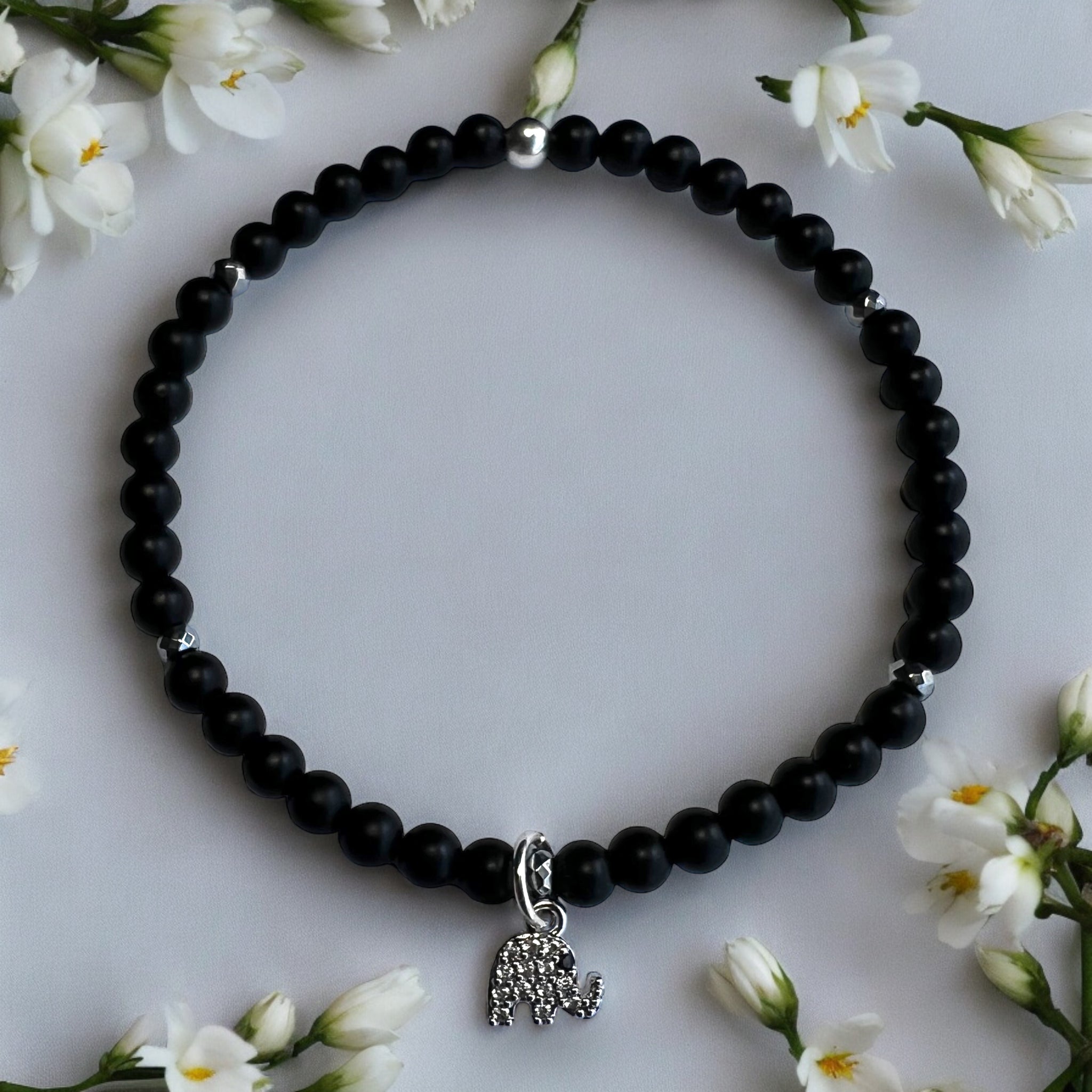 Elephant Charm 4mm Onyx Matte Stone Bracelet