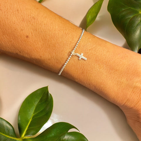 Dainty Cross Charm Sterling Silver 2mm Bead Bracelet